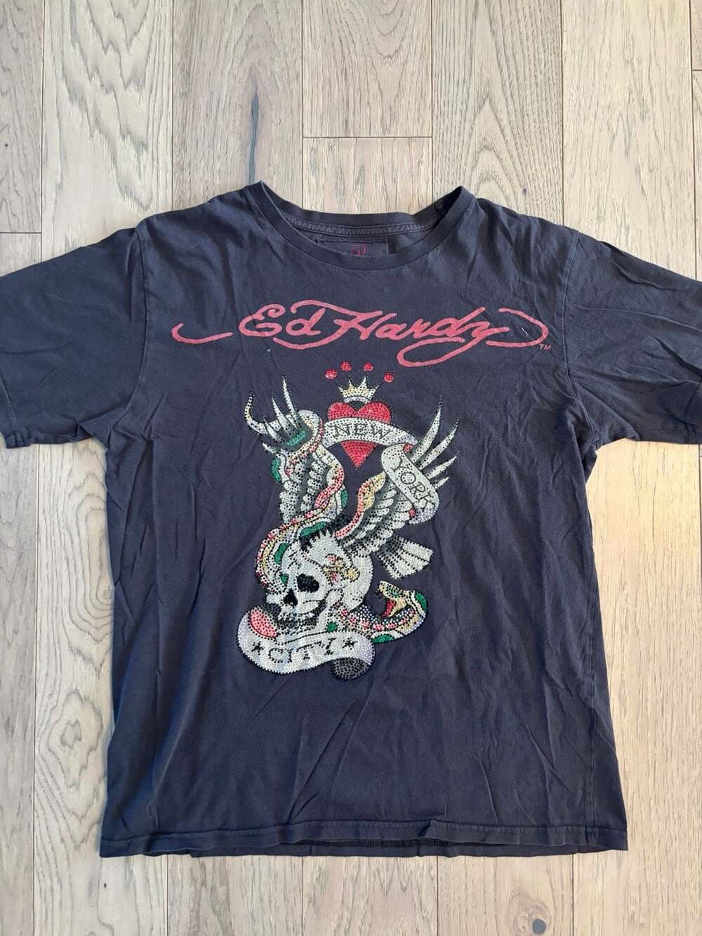 Vintage Ed Hardy Christian Audigier Rhinestone Skull New York City T-Shirt
